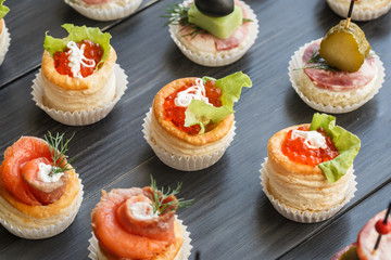 Fresh Assorted snacks of canape on the table