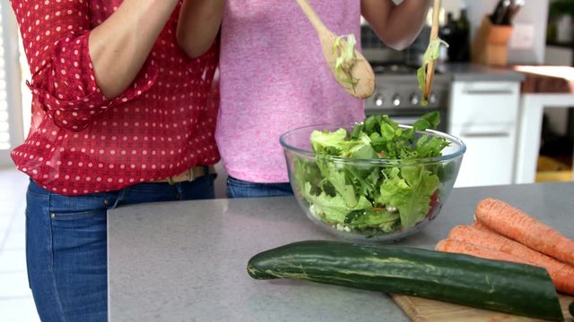 Close up on mother and daughter cooking a salad