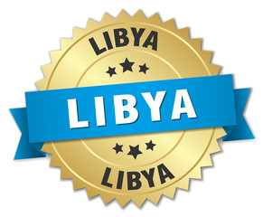 Libya round golden badge with blue ribbon