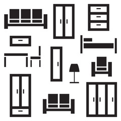 Home furniture icons set, isolated on white background, vector illustration.