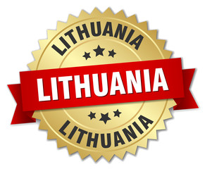 Lithuania round golden badge with red ribbon