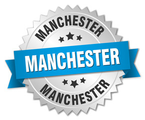 Manchester round silver badge with blue ribbon