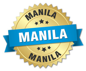 Manila round golden badge with blue ribbon