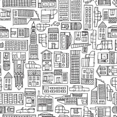 Black and white cartoon city texture for adult coloring