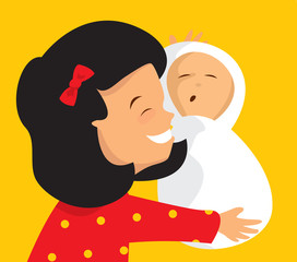 Big sister hugging a newborn baby brother