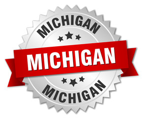 Michigan round silver badge with red ribbon