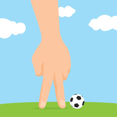 Human hand playing imaginary miniature soccer