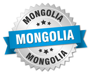 Mongolia round silver badge with blue ribbon