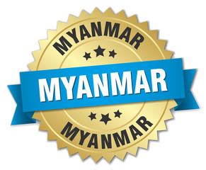 Myanmar round golden badge with blue ribbon