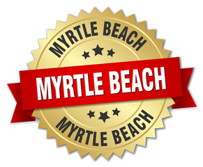 Myrtle Beach round golden badge with red ribbon