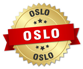 Oslo round golden badge with red ribbon