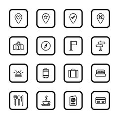 black line travel icon set with rounded rectangle frame for web design, user interface (UI), infographic and mobile application (apps)