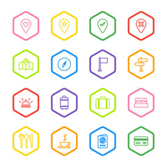 colorful line travel icon set with hexagon frame for web design, user interface (UI), infographic and mobile application (apps)
