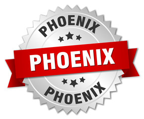 Phoenix round silver badge with red ribbon