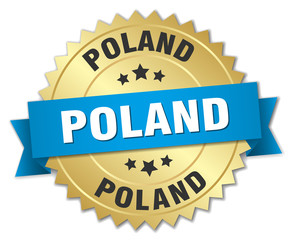 Poland round golden badge with blue ribbon