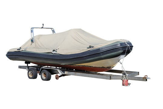 powerboat on a trailer isolated on white background