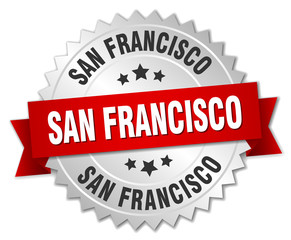 San Francisco  round silver badge with red ribbon