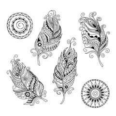 set of doodle feathers and mandalas