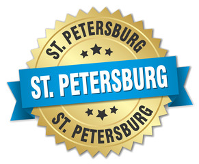St. Petersburg round golden badge with blue ribbon