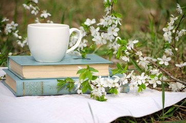 Obraz na płótnie Canvas Spring still life with books and coffee