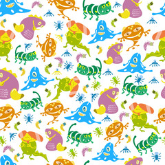 Seamless pattern with different brightly colored monsters.