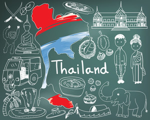 Travel to Thailand (Siam) doodle drawing icon with culture, costume, landmark and cuisine tourism concept in blackboard background, create by vector 