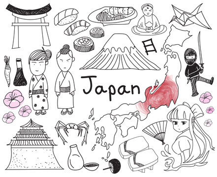 Travel to Japan doodle drawing icon with culture, costume, landmark and cuisine tourism concept in isolated background, create by vector 