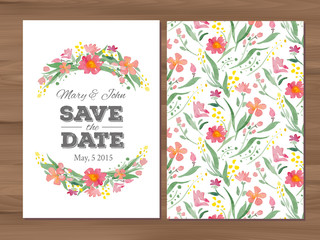 Vector wedding invitation with watercolor flowers and typographi