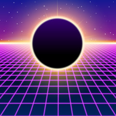 Retro styled futuristic landscape with lettering and shiny grid