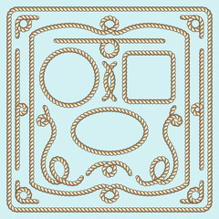 Rope frame, knots and corners. Rope nautical, rope strong, rope loop, marine rope. Vector illustration decorative elements © MicroOne