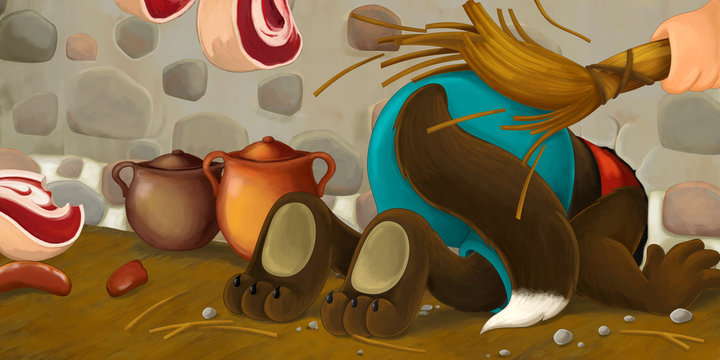 Cartoon scene of a wolf that stuck - beaten up as punishment - illustration for children