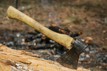 Iron ax near the fire near the camp. Journey into the wild concept.
