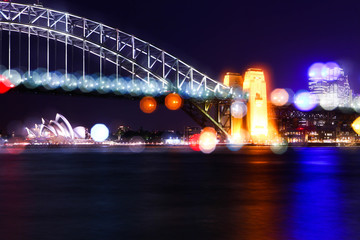 Obraz premium Harbour Bridge and Sydney Opera House at night, Australia, Sydney 