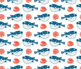 Fugu and shells,  seamless pattern © Olga Serova