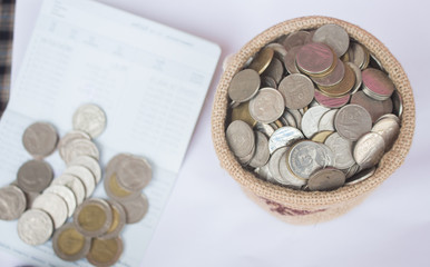 coins in bag on white background