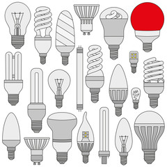 Ligth lamps set. Colored outlined icons isolated on the white. Vector illustration.
