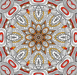 Zendala. Hand drawn doodle pattern with floral motif. Uncolored tracery. Can be used as adult coloring book. Sacred geometry. 