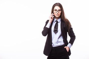 Fototapeta premium happy confident businesswoman talking on the mobile cell phone isolated on white