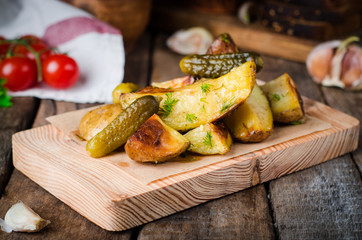 Roasted potatoes with garlic and fennel on wood plate, wooden background. Selective focus