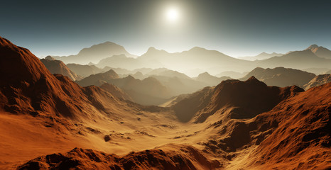 Dust storm on Mars. Sunset on Mars. Martian landscape with craters © Peter Jurik