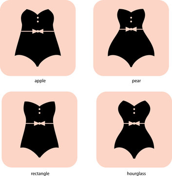 Woman body shapes. Female body. Apple, pear, hourglass, rectangle. Round, triangle shapes. Swimsuit shapes. Woman torso illustration.