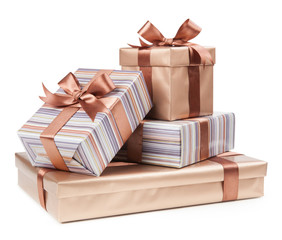 Gold box with gifts and brown bow
