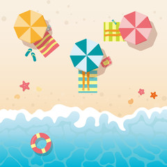 People sunbathing on the beach under the umbrellas. Summer holidays background. Vector beach with waves, seashells , starfish, umbrellas.