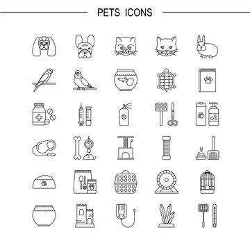 Pets shop icons. Thin lines icon style.  It can be used as logo, pictogram, icon, infographic element. Vector Illustration.