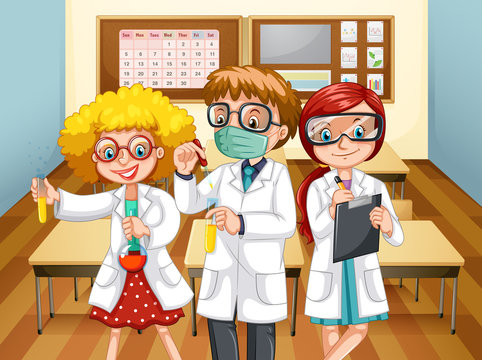 Three scientists with beakers in the classroom
