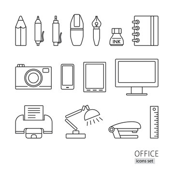 Outline icon set. Office supplies, printer, lamp, pen, pencil