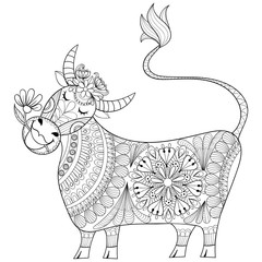 Coloring page with Cow, zenart stylized hand drawing Milker illu - 109764889