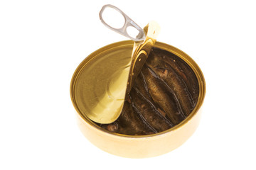 Open can of sprats on a isolated background
