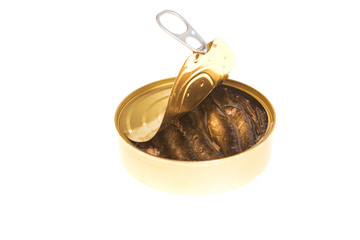 Open can of sprats on a isolated background