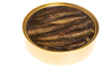 Open can of sprats on a isolated background